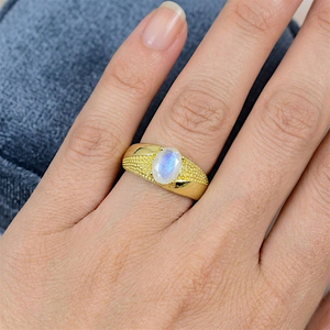 Oval Cut Rainbow <b>Moonstone</b> <b>Ring</b> Solid 925 Sterling Silver <b>Ring</b> Yellow Gold Plated Textured Band Engagement <b>Ring</b> For Women - Product Image 5