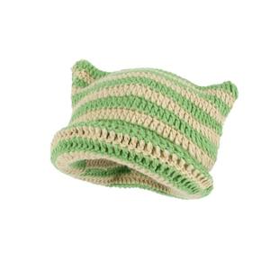 Adjustable <b>Cat</b> Ear Striped 3D Embroidery Beanie <b>Hat</b> 100% Acrylic Unisex Casual Winter Beach Outdoor Headwear - Product Image 2