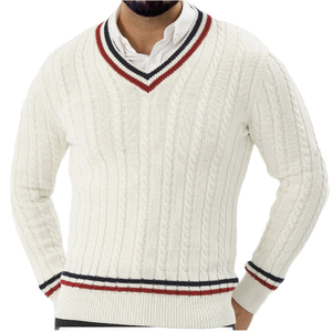 AL SWANS INTERNATIONAL Pull en maille blanc pour homme, col en V, bordure rouge marine, manches longues, anti-boulochage, style vintage, pour l'hiver - Product Image 2