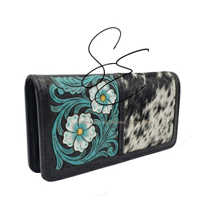 Cartera larga de cuero genuino con textura de pelo para mujer, tarjetero delgado con cierre abierto, estilo occidental, color turquesa - Product Image 2