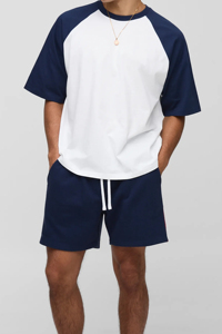 Men's Color Blocked Raglan T-Shirt And Shorts <b>Set</b> White Navy Blue Casual Summer <b>Knitted</b> Cotton Two Piece Outfit - Product Image 3