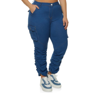 Plus Size Women's High Waist Blue Cargo <b>Jeans</b> Ankle-Length Loose Fit Casual Style With Pockets <b>Button</b> <b>Fly</b> Spandex Cotton - Product Image 2