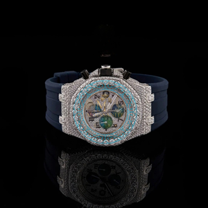 Iced Moissanite Quartz Analog Glass Chronograph Stainless Steel Strap Butterfly Clasp Black Diamond Inlay <b>Casual</b> Luxury <b>Watch</b> - Product Image 1