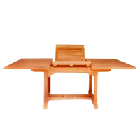 Table de salle à manger d'extérieur en teck massif, design avec système d'extension double papillon et finition lisse et raffinée.