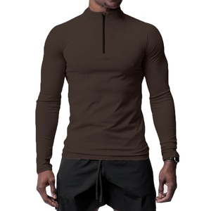 Men's Slim Fit Long Sleeve Stand <b>Collar</b> <b>T</b>-<b>Shirt</b> Solid Brown Quick Dry Knitted Polyester Casual Sporty Wear - Product Image 1