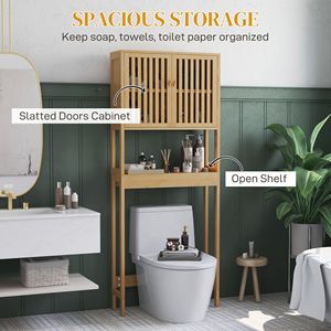 Mobiletto Salvaspazio in Bambù Naturale da Posizionare Sopra il WC con Ante a Doghe e Ripiano Regolabile - Ideale per il Bagno - Product Image 4