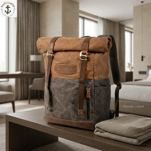 Navrit Creation NA-010 Everyday Roll Top Oil Waxed Canvas Backpack Padded Adjustable Straps | Two Tone <b>Travel</b> Rucksack <b>Big</b> - Product Image 2