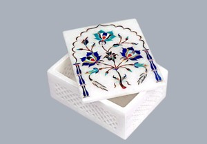 Caja de Joyería con Incrustaciones de Mármol Blanco y Piedras Semipreciosas Florales, Venta al Por Mayor del Fabricante – Caja Decorativa de Almacenamiento de Calidad de Exportación - Product Image 2