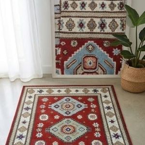 Tapis géométrique oriental rectangulaire rouge en laine et acrylique noué à la main, à poils moyens, avec envers antidérapant en caoutchouc, pour la décoration du salon - Product Image 5