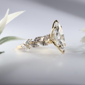 Aesthetic Magnificent Large Marquise Cut Center <b>Crystal</b> Secured Leaf Vine Shank Botanical Prongs Luxury Women Gold <b>Crystal</b> <b>Ring</b> - Product Image 3