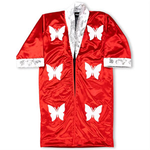 Bata de satén roja para hombre con estampado de mariposas blancas y ribete de encaje, bata de baño de manga larga a la moda - Product Image 6