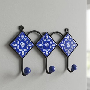Beads Art Blue Floral Tile Wall <b>Hooks</b> 3-Piece Metal Multifunction Vintage <b>Coat</b> Rack Ceramic <b>Decorative</b> Tiles for Entryway - Product Image 4