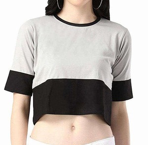 เสื้อยืดคอกลมสองสี ผ้าฝ้าย สตรีทแวร์ ขายส่ง เสื้อยืดโอเวอร์ไซส์ แขนสั้น เสื้อครอปท็อป พร้อมโลโก้แบบกำหนดเอง - Product Image 1