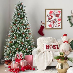 Sapin de Noël artificiel givré de 2,13 m avec 2178 pointes en PE/PVC, pommes de pin et baies - Décoration de Noël réaliste - Product Image 5