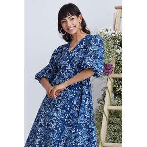 Vestido midi azul estampado para mujer, vestido de fiesta informal con cuello en V y media manga - Product Image 2