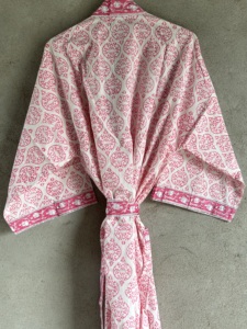 Block Print Woven Cotton <b>Kimono</b> Robe Long Sleeve Floral <b>Beach</b> Cover Handcrafted V-neck Belted Full-Length Spring Summer Front - Product Image 4