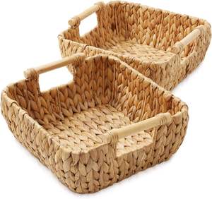 Water Hyacinth Oval <b>Storage</b> <b>Baskets</b> with Wooden Handles Handwoven Nesting Organizer Bins for Home Closet - Product Image 2
