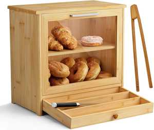 Boîte à pain moderne en bambou noir à 2 niveaux pour comptoir, avec grande fenêtre transparente et dessus plat, pour l'organisation de la cuisine - Product Image 3