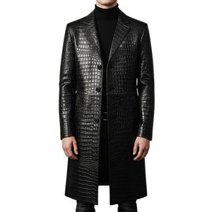 Women's <b>Black</b> Crocodile Embossed Genuine Leather <b>Long</b> <b>Coat</b> Winter Turn-down Collar - Product Image 1