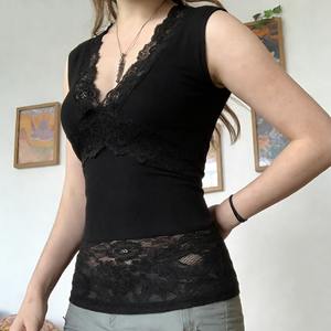 Soft Knitted Ribbed Eco-Friendly Breathable Casual <b>Tank</b> <b>Top</b> with V Neck and <b>Lace</b> Trim Slim Fit Stretchy Spandex/Polyester - Product Image 2