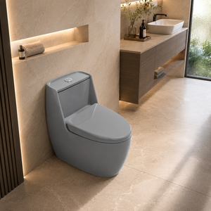Inodoro de Cerámica Gris de Una Pieza con Acabado Brillante, Montado en el Suelo, Taza Alargada, Tanque Oculto, Estilo Contemporáneo Minimalista para Baño de Villa - Product Image 6