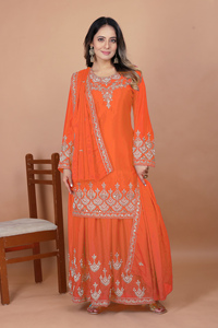 Chinon Silk Coding <b>Sequin</b> Rivet Moti Top <b>Flared</b> Palazzo Pack Embroidered Dupatta Stitched Three Piece Partywear Suit - Product Image 1