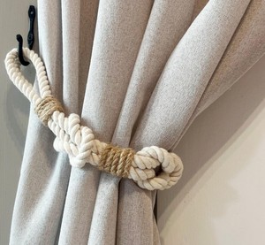 Nautical Rope Curtain <b>Tieback</b> – White Cotton & Jute Knot Holder - Product Image 1