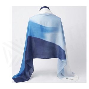 Elegant Women's Square Long <b>Silk</b> Scarf Digital Print Color Blocking Gradient Blue Polyester All Seasons - Product Image 2