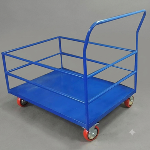 Chariot à plateforme en acier bleu avec quatre roues, structure industrielle durable avec revêtement en poudre - Product Image 4