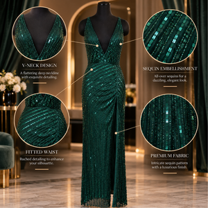 Emerald Sequin Mermaid Evening <b>Dress</b> | Deep V-Neck Sleeveless Floor Length Formal Gown with Ruched Waist and Front Slit Parties - Product Image 5