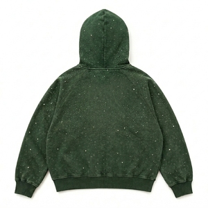 Sweat-shirt à capuche zippé vert foncé délavé pour homme, imprimé étoiles, coupe oversize, style streetwear, fabricant de vêtements personnalisés - Product Image 2