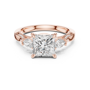 Rose Gold Princess Cut Lab Grown <b>Diamond</b> Three Stone Engagement <b>Ring</b> Vintage Milgrain Promise <b>Ring</b> for Women - Product Image 2
