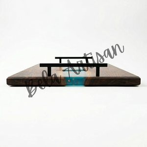 ถาดเสิร์ฟงานแต่งงานไม้วอลนัทหรูหราเคลือบเรซิ่น พร้อมหูจับโลหะ ทำด้วยมือจากอีพ็อกซี่เรซิ่น ลายเรขาคณิต - Product Image 2