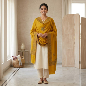 Women's Long Cashmere Shawl Mustard Yellow Embroidered Winter <b>Wrap</b> <b>Scarf</b> for Bridal Wedding Party Occasions - Product Image 2