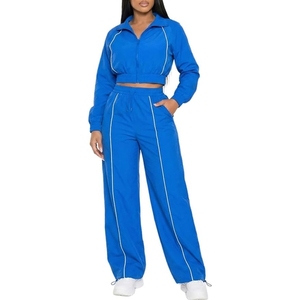 Women's Blue White Striped Eco-Friendly 2-Piece Full Sleeve Zipper Sporty Regular Fit Spandex/Polyester <b>Knitted</b> Summer <b>Set</b> - Product Image 1