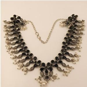 DIVYORO Women's Oxidized <b>Silver</b> Zircon Floral <b>Choker</b> and Earrings Set-Adjustable Length for Wedding Occasions - Product Image 1