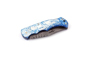 Hot Selling Copper Damascus Steel Folding Knife <b>Back</b> Lock Turquoise Style Resin Handle Sheath Cu Mai EDC Camping OEM Knife - Product Image 5