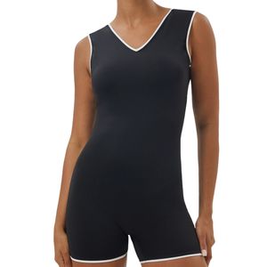 Custom Wholesale OEM Women Color Block Backless V Neck Jumpsuit Sleeveless Hip Lift Fitness Bodysuit With Chest Pads - Product Image 2