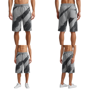 Shorts de bain gris rayés pour hommes, taille mi-haute, avec cordon de serrage, séchage rapide, style décontracté, en tissu tricoté, avec poches - Product Image 2
