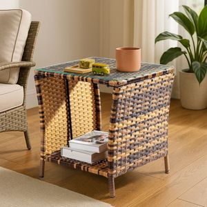 Tavolino Moderno con Gradiente Giallo, Struttura in Ferro e Rattan, Superficie in Vetro per Soggiorno, Hotel o Appartamento - Product Image 2