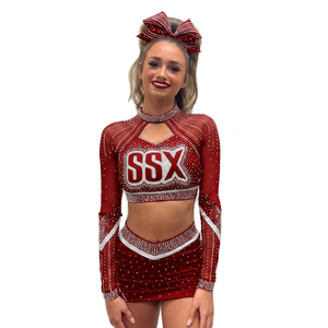 Ensemble d'uniformes de cheerleading personnalisés avec strass, bicolore noir et rouge, en polyester durable, tenue professionnelle pour équipe - Product Image 1