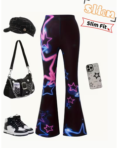 Pantalon évasé taille haute pour femme, imprimé étoiles néon Y2K, respirant, en spandex et polyester, coupe régulière, longueur intégrale, idéal pour l'été - Product Image 2