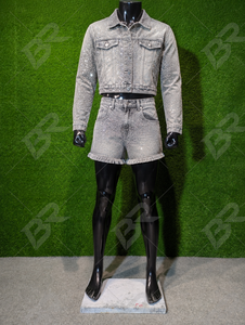 Ensemble deux pièces unisexe en jean délavé style motard vintage avec strass, veste courte et short, idéal pour l'été - Product Image 4