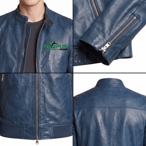Veste en cuir bleue pour homme avec fermeture éclair sur le devant, col montant, manches longues, coupe ajustée, style décontracté pour l'hiver - Product Image 4