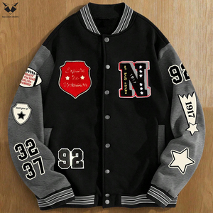 Custom Men Varsity Jacket Grey Black Patchwork Multi Badge Embroidery Letterman Jacket Streetwear Fashion Fleece Bomber Jacket - Product Image 5