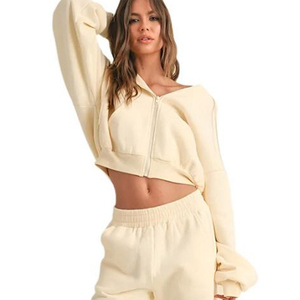 Hoodie court crème pour femme, personnalisé, à épaules tombantes, manches longues, zippé, coupe oversize, pour l'hiver, vente en gros - Product Image 5