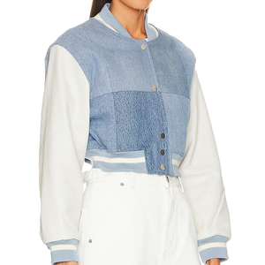 Veste universitaire courte pour femme, bleu et blanc, à manches longues, col rabattu, style baseball color block, pour le printemps - Product Image 2