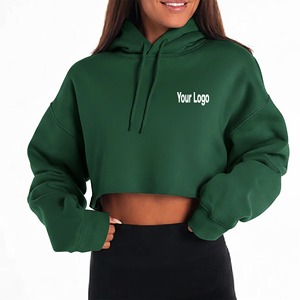 Sudadera Corta con Capucha para Mujer, Verde Sólido, 100% Algodón, Hombros Caídos, Estilo Casual, con Logotipo Estampado en la Parte Delantera, para Otoño - Product Image 4