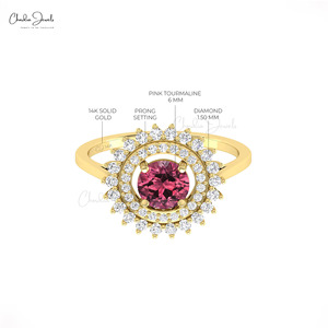 Asian Manufacturers 6mm Prong Set Pink Tourmaline & G-H Diamond Art Deco-Inspired <b>Ring</b> With 14k Solid <b>Gold</b> Dual Birthstone <b>Ring</b> - Product Image 6