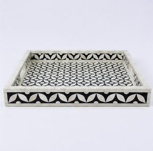 Black White Floral Horn Inlay <b>Decorative</b> Tray Solid Wood Base Handmade Serving Coffee Table <b>Home</b> <b>Decor</b> Wholesale - Product Image 2
